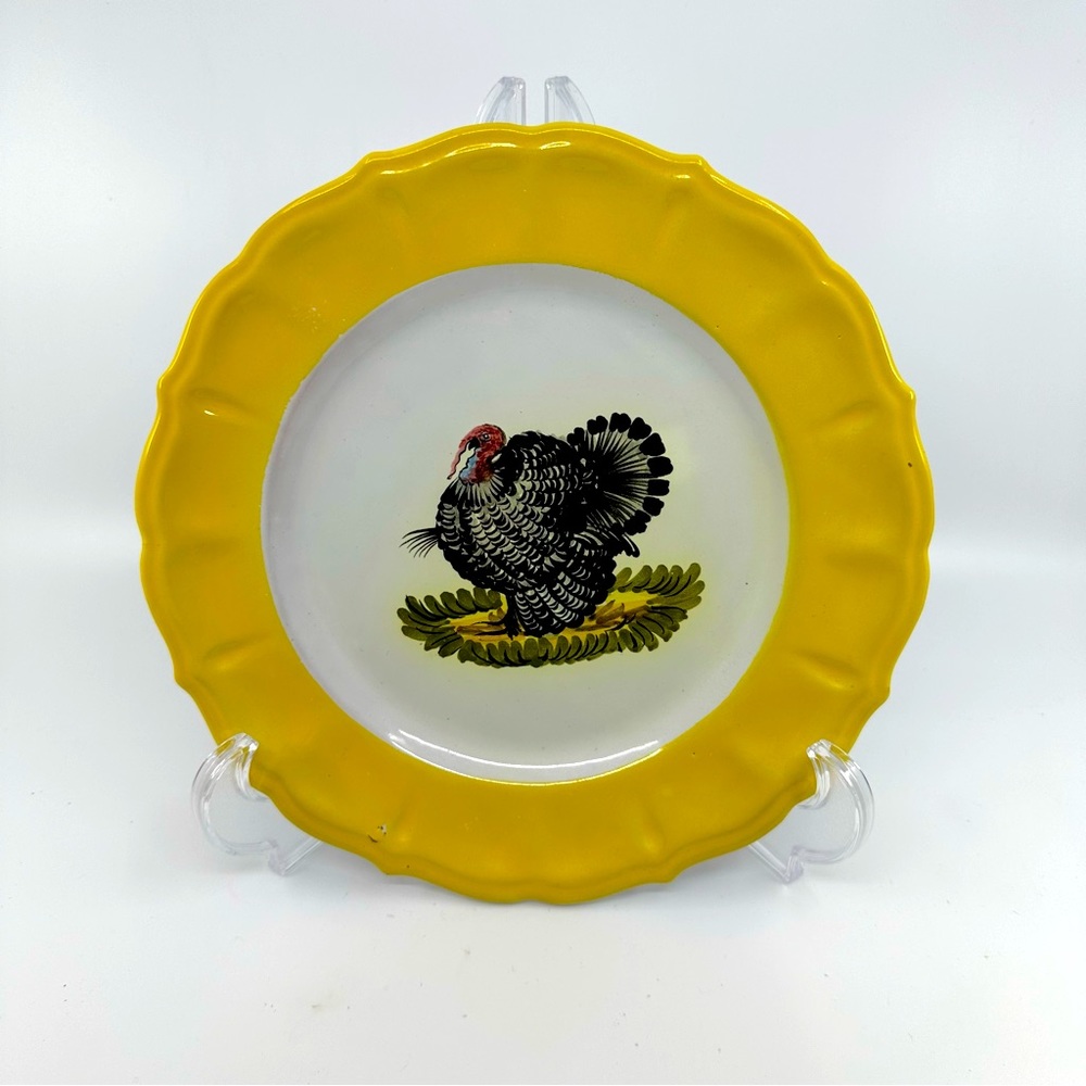 Vintage Made in Italy Hand Painted Turkey Plate.  Serve Ware Thanksgiving Farm